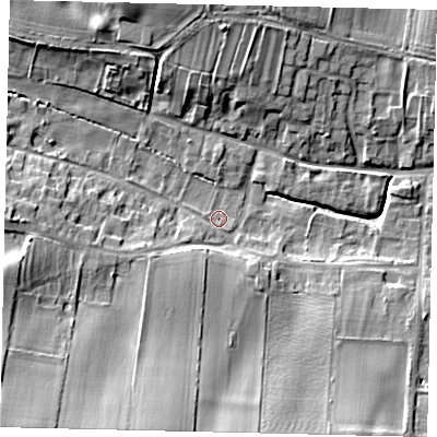 Shaded relief map of the ground around YO254SS, computed from Environment Agency LiDAR. The ground here sits at about 27 m above sea level and falls 26 m across the surrounding 800 m. Surface water reaching this point runs off ground lying to the west, 1.1 m higher.