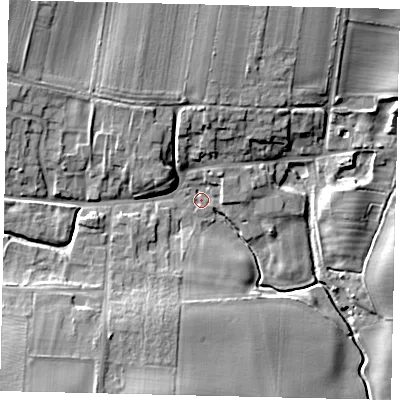 Shaded relief map of the ground around YO254TG, computed from Environment Agency LiDAR. The ground here sits at about 24 m above sea level and falls 13 m across the surrounding 800 m. Surface water reaching this point runs off ground lying to the north-west, 10.5 m higher.