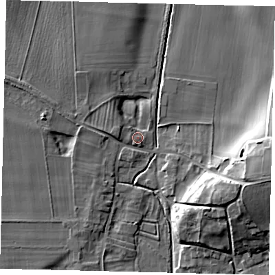 Shaded relief map of the ground around YO254UB, computed from Environment Agency LiDAR. The ground here sits at about 28 m above sea level and falls 16 m across the surrounding 800 m. Surface water reaching this point runs off ground lying to the west-north-west, 2.3 m higher.