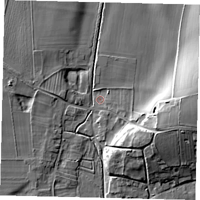 Shaded relief map of the ground around YO254UD, computed from Environment Agency LiDAR. The ground here sits at about 27 m above sea level and falls 19 m across the surrounding 800 m. Surface water reaching this point runs off ground lying to the east, 17.1 m higher.