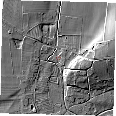 Shaded relief map of the ground around YO254UF, computed from Environment Agency LiDAR. The ground here sits at about 27 m above sea level and falls 19 m across the surrounding 800 m. Surface water reaching this point runs off ground lying to the east-north-east, 2.1 m higher.