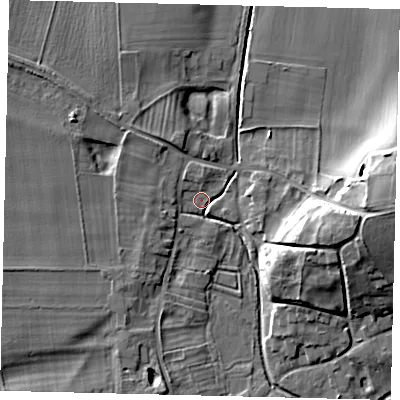 Shaded relief map of the ground around YO254US, computed from Environment Agency LiDAR. The ground here sits at about 27 m above sea level and falls 16 m across the surrounding 800 m. Surface water reaching this point runs off ground lying to the east, 14.7 m higher.