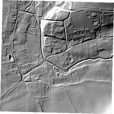 Shaded relief map of the ground around YO254UX, computed from Environment Agency LiDAR. The ground here sits at about 26 m above sea level and falls 19 m across the surrounding 800 m. Surface water reaching this point runs off ground lying to the north-north-east, 13.9 m higher.
