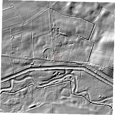 Shaded relief map of the ground around YO255XR, computed from Environment Agency LiDAR. The ground here sits at about 11 m above sea level and falls 8 m across the surrounding 800 m. Surface water reaching this point runs off ground lying to the east-north-east, 5.8 m higher.