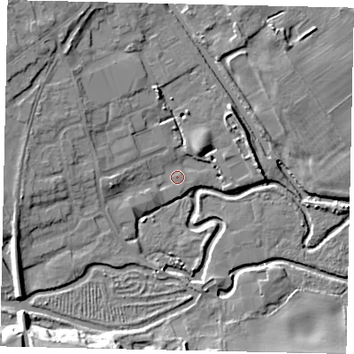 Shaded relief map of the ground around YO256AG, computed from Environment Agency LiDAR. The ground here sits at about 12 m above sea level and falls 14 m across the surrounding 800 m. Surface water reaching this point runs off ground lying to the west-north-west, 5.1 m higher.