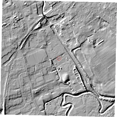 Shaded relief map of the ground around YO256BQ, computed from Environment Agency LiDAR. The ground here sits at about 12 m above sea level and falls 13 m across the surrounding 800 m. Surface water reaching this point runs off ground lying to the west-north-west, 0.9 m higher.