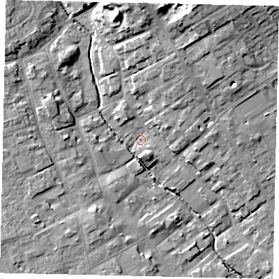 Shaded relief map of the ground around YO256DF, computed from Environment Agency LiDAR. The ground here sits at about 16 m above sea level and falls 15 m across the surrounding 800 m. Surface water reaching this point runs off ground lying to the north, 12.6 m higher.