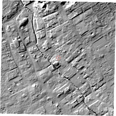 Shaded relief map of the ground around YO256DG, computed from Environment Agency LiDAR. The ground here sits at about 17 m above sea level and falls 16 m across the surrounding 800 m. Surface water reaching this point runs off ground lying to the north-east, 5.8 m higher.