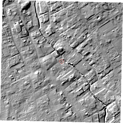 Shaded relief map of the ground around YO256LJ, computed from Environment Agency LiDAR. The ground here sits at about 16 m above sea level and falls 12 m across the surrounding 800 m. Surface water reaching this point runs off ground lying to the north-north-east, 9.7 m higher.