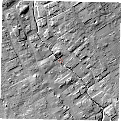Shaded relief map of the ground around YO256LL, computed from Environment Agency LiDAR. The ground here sits at about 16 m above sea level and falls 13 m across the surrounding 800 m. Surface water reaching this point runs off ground lying to the north, 10.0 m higher.
