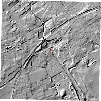 Shaded relief map of the ground around YO256NW, computed from Environment Agency LiDAR. The ground here sits at about 12 m above sea level and falls 13 m across the surrounding 800 m. Surface water reaching this point runs off ground lying to the west, 9.5 m higher.