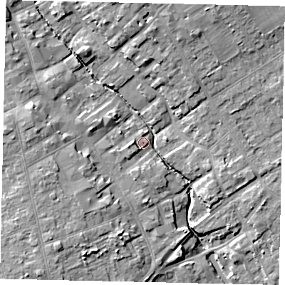 Shaded relief map of the ground around YO256QN, computed from Environment Agency LiDAR. The ground here sits at about 16 m above sea level and falls 10 m across the surrounding 800 m. Surface water reaching this point runs off ground lying to the west, 3.1 m higher.