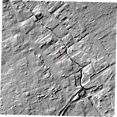 Shaded relief map of the ground around YO256QP, computed from Environment Agency LiDAR. The ground here sits at about 16 m above sea level and falls 10 m across the surrounding 800 m. Surface water reaching this point runs off ground lying to the south-west, 5.8 m higher.