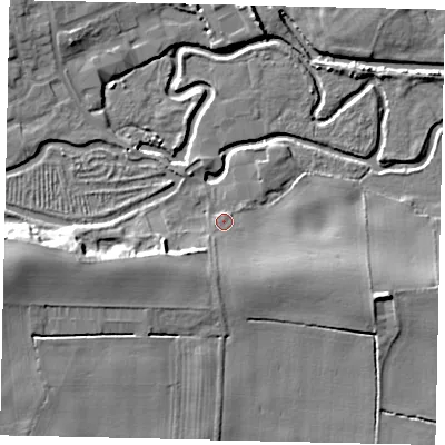 Shaded relief map of the ground around YO256XN, computed from Environment Agency LiDAR. The ground here sits at about 13 m above sea level and falls 14 m across the surrounding 800 m. Surface water reaching this point runs off ground lying to the south, 5.1 m higher.