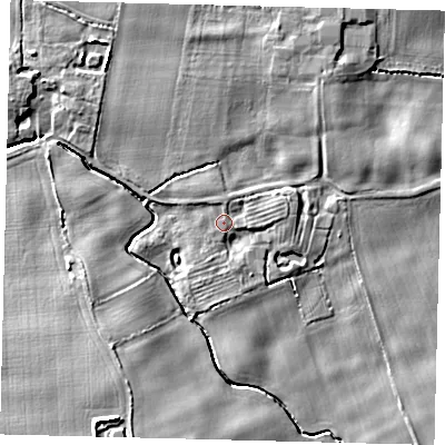 Shaded relief map of the ground around YO258AF, computed from Environment Agency LiDAR. The ground here sits at about 15 m above sea level and falls 8 m across the surrounding 800 m. Surface water reaching this point runs off ground lying to the north, 1.0 m higher.