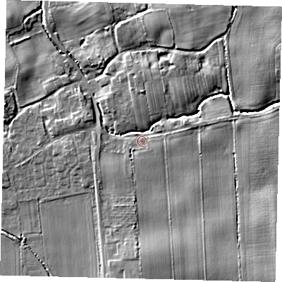 Shaded relief map of the ground around YO258AL, computed from Environment Agency LiDAR. The ground here sits at about 11 m above sea level and falls 10 m across the surrounding 800 m. Surface water reaching this point runs off ground lying to the east-south-east, 1.7 m higher.