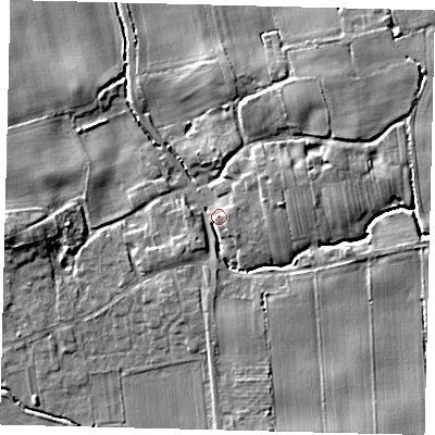 Shaded relief map of the ground around YO258AN, computed from Environment Agency LiDAR. The ground here sits at about 10 m above sea level and falls 10 m across the surrounding 800 m. Surface water reaching this point runs off ground lying to the east-north-east, 7.1 m higher.