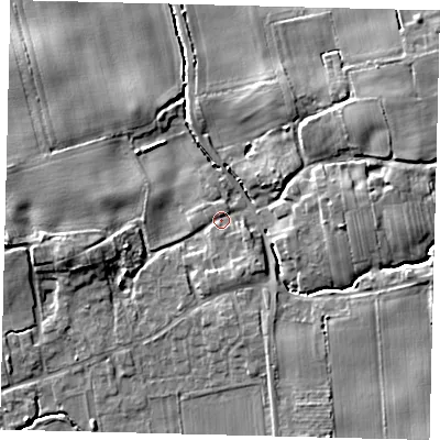 Shaded relief map of the ground around YO258AP, computed from Environment Agency LiDAR. The ground here sits at about 9 m above sea level and falls 9 m across the surrounding 800 m. Surface water reaching this point runs off ground lying to the south-east, 1.2 m higher.