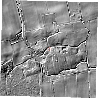 Shaded relief map of the ground around YO258AR, computed from Environment Agency LiDAR. The ground here sits at about 10 m above sea level and falls 10 m across the surrounding 800 m. Surface water reaching this point runs off ground lying to the east, 5.8 m higher.