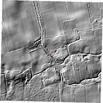 Shaded relief map of the ground around YO258AW, computed from Environment Agency LiDAR. The ground here sits at about 8 m above sea level and falls 9 m across the surrounding 800 m. Surface water reaching this point runs off ground lying to the north-east, 5.2 m higher.