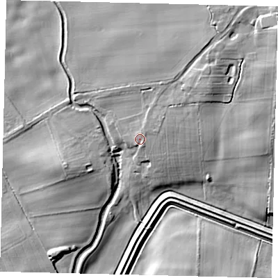 Shaded relief map of the ground around YO258BP, computed from Environment Agency LiDAR. The ground here sits at about 9 m above sea level and falls 15 m across the surrounding 800 m. Surface water reaching this point runs off ground lying to the south-east, 1.6 m higher.