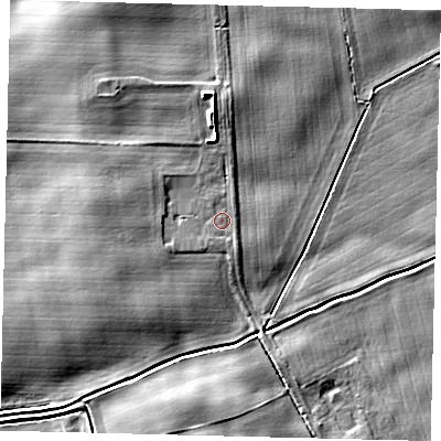 Shaded relief map of the ground around YO258BQ, computed from Environment Agency LiDAR. The ground here sits at about 7 m above sea level and falls 8 m across the surrounding 800 m. Surface water reaching this point runs off ground lying to the west-north-west, 2.1 m higher.