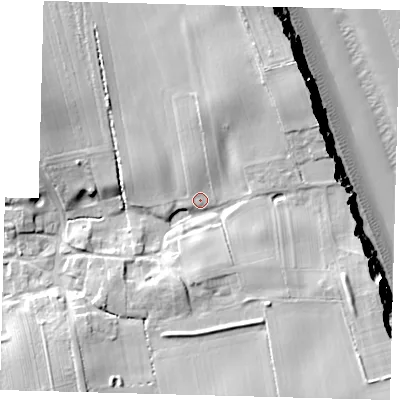 Shaded relief map of the ground around YO258DF, computed from Environment Agency LiDAR. The ground here sits at about 14 m above sea level and falls 22 m across the surrounding 800 m. Surface water reaching this point runs off ground lying to the north, 3.2 m higher.