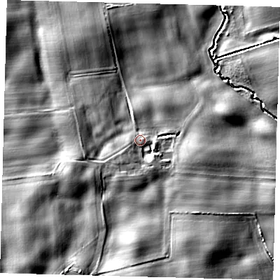 Shaded relief map of the ground around YO258EE, computed from Environment Agency LiDAR. The ground here sits at about 11 m above sea level and falls 12 m across the surrounding 800 m. Surface water reaching this point runs off ground lying to the south-west, 2.5 m higher.