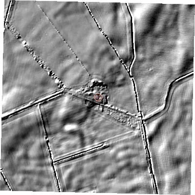 Shaded relief map of the ground around YO258HD, computed from Environment Agency LiDAR. The ground here sits at about 7 m above sea level and falls 5 m across the surrounding 800 m. Surface water reaching this point runs off ground lying to the west-north-west, 1.4 m higher.