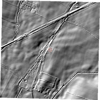 Shaded relief map of the ground around YO258HE, computed from Environment Agency LiDAR. The ground here sits at about 11 m above sea level and falls 7 m across the surrounding 800 m. Surface water reaching this point runs off ground lying to the east-north-east, 1.1 m higher.