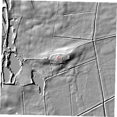 Shaded relief map of the ground around YO258JF, computed from Environment Agency LiDAR. The ground here sits at about 5 m above sea level and falls 7 m across the surrounding 800 m. Surface water reaching this point runs off ground lying to the east, 1.2 m higher.
