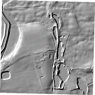Shaded relief map of the ground around YO258JS, computed from Environment Agency LiDAR. The ground here sits at about 7 m above sea level and falls 8 m across the surrounding 800 m. Surface water reaching this point runs off ground lying to the south, 1.5 m higher.