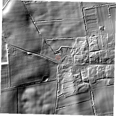 Shaded relief map of the ground around YO258JU, computed from Environment Agency LiDAR. The ground here sits at about 5 m above sea level and falls 11 m across the surrounding 800 m. Surface water reaching this point runs off ground lying to the south-west, 1.2 m higher.