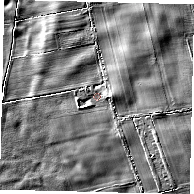 Shaded relief map of the ground around YO258LR, computed from Environment Agency LiDAR. The ground here sits at about 5 m above sea level and falls 11 m across the surrounding 800 m. Surface water reaching this point runs off ground lying to the east, 3.5 m higher.