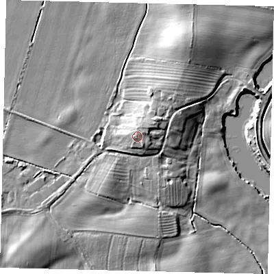 Shaded relief map of the ground around YO258LY, computed from Environment Agency LiDAR. The ground here sits at about 8 m above sea level and falls 11 m across the surrounding 800 m. Surface water reaching this point runs off ground lying to the east-north-east, 0.9 m higher.