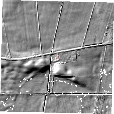 Shaded relief map of the ground around YO258LZ, computed from Environment Agency LiDAR. The ground here sits at about 2 m above sea level and falls 7 m across the surrounding 800 m. Surface water reaching this point runs off ground lying to the north, 1.1 m higher.