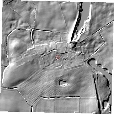 Shaded relief map of the ground around YO258NB, computed from Environment Agency LiDAR. The ground here sits at about 5 m above sea level and falls 8 m across the surrounding 800 m. Surface water reaching this point runs off ground lying to the north, 1.4 m higher.