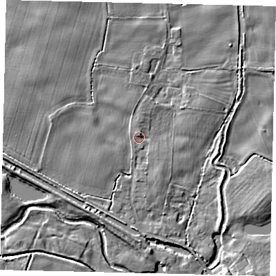 Shaded relief map of the ground around YO258NT, computed from Environment Agency LiDAR. The ground here sits at about 8 m above sea level and falls 5 m across the surrounding 800 m. Surface water reaching this point runs off ground lying to the north-north-west, 2.8 m higher.