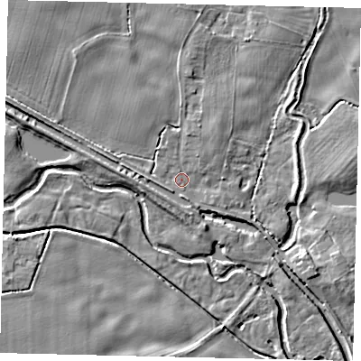 Shaded relief map of the ground around YO258NU, computed from Environment Agency LiDAR. The ground here sits at about 7 m above sea level and falls 5 m across the surrounding 800 m. Surface water reaching this point runs off ground lying to the north-west, 3.4 m higher.