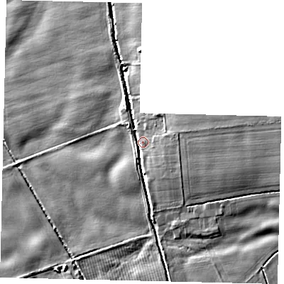 Shaded relief map of the ground around YO258NW, computed from Environment Agency LiDAR. The ground here sits at about 7 m above sea level and falls 5 m across the surrounding 800 m. Surface water reaching this point runs off ground lying to the east-north-east, 4.5 m higher.