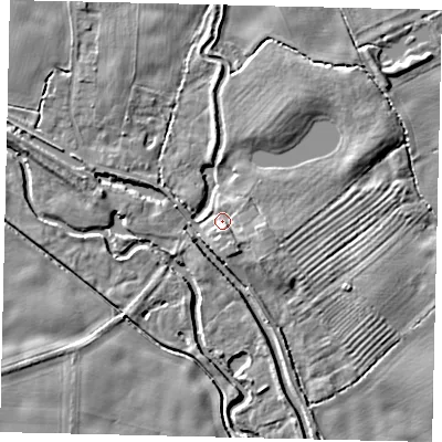 Shaded relief map of the ground around YO258NX, computed from Environment Agency LiDAR. The ground here sits at about 7 m above sea level and falls 5 m across the surrounding 800 m. Surface water reaching this point runs off ground lying to the south-south-east, 2.9 m higher.