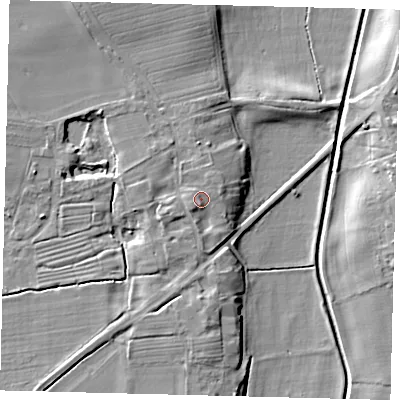 Shaded relief map of the ground around YO258PY, computed from Environment Agency LiDAR. The ground here sits at about 8 m above sea level and falls 8 m across the surrounding 800 m. Surface water reaching this point runs off ground lying to the east-north-east, 1.4 m higher.