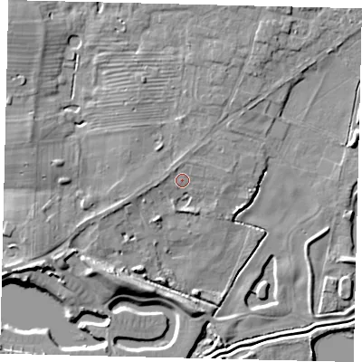Shaded relief map of the ground around YO258RT, computed from Environment Agency LiDAR. The ground here sits at about 6 m above sea level and falls 9 m across the surrounding 800 m. Surface water reaching this point runs off ground lying to the north-north-west, 1.4 m higher.
