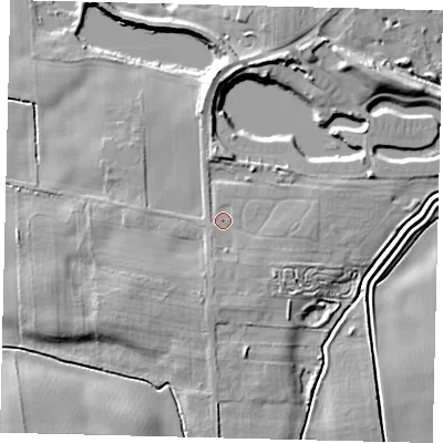Shaded relief map of the ground around YO258RU, computed from Environment Agency LiDAR. The ground here sits at about 5 m above sea level and falls 10 m across the surrounding 800 m. Surface water reaching this point runs off ground lying to the south, 1.9 m higher.