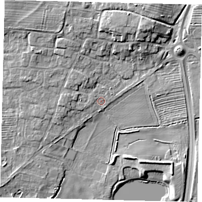 Shaded relief map of the ground around YO258RX, computed from Environment Agency LiDAR. The ground here sits at about 6 m above sea level and falls 12 m across the surrounding 800 m. Surface water reaching this point runs off ground lying to the north-north-east, 8.8 m higher.