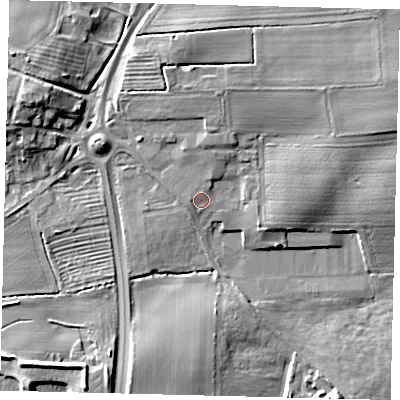 Shaded relief map of the ground around YO258RY, computed from Environment Agency LiDAR. The ground here sits at about 10 m above sea level and falls 12 m across the surrounding 800 m. Surface water reaching this point runs off ground lying to the north-north-east, 1.3 m higher.