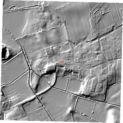 Shaded relief map of the ground around YO258TG, computed from Environment Agency LiDAR. The ground here sits at about 7 m above sea level and falls 14 m across the surrounding 800 m. Surface water reaching this point runs off ground lying to the east-north-east, 3.8 m higher.