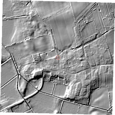 Shaded relief map of the ground around YO258TJ, computed from Environment Agency LiDAR. The ground here sits at about 7 m above sea level and falls 10 m across the surrounding 800 m. Surface water reaching this point runs off ground lying to the east-south-east, 1.7 m higher.