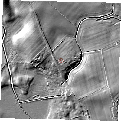 Shaded relief map of the ground around YO258TL, computed from Environment Agency LiDAR. The ground here sits at about 9 m above sea level and falls 10 m across the surrounding 800 m. Surface water reaching this point runs off ground lying to the west-north-west, 1.1 m higher.