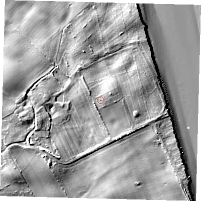 Shaded relief map of the ground around YO258TT, computed from Environment Agency LiDAR. The ground here sits at about 12 m above sea level and falls 17 m across the surrounding 800 m. Surface water reaching this point runs off ground lying to the east-north-east, 1.4 m higher.